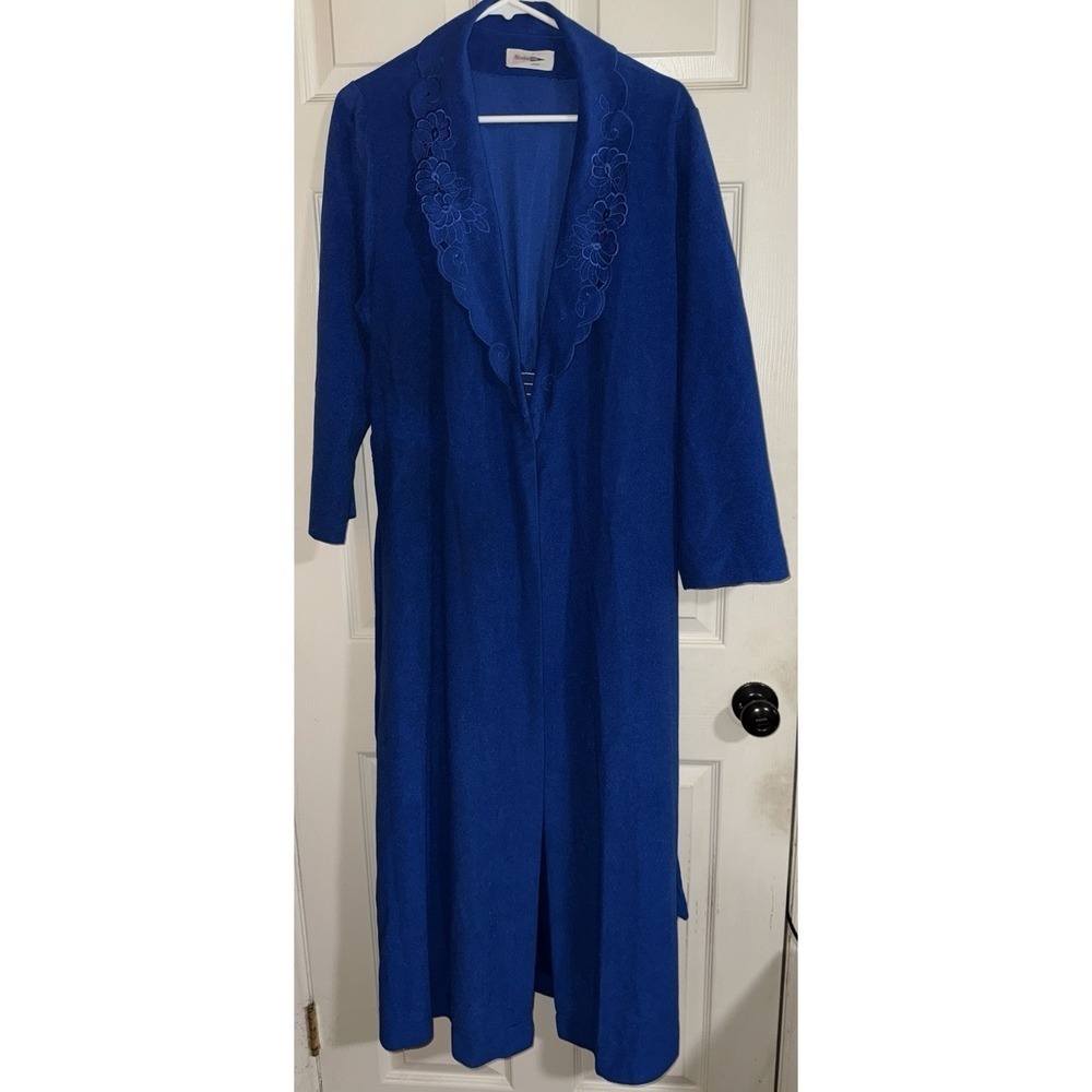 Vintage Shadowline Velour Fleece Robe Housecoat Blue Floral Size L Royal Blue